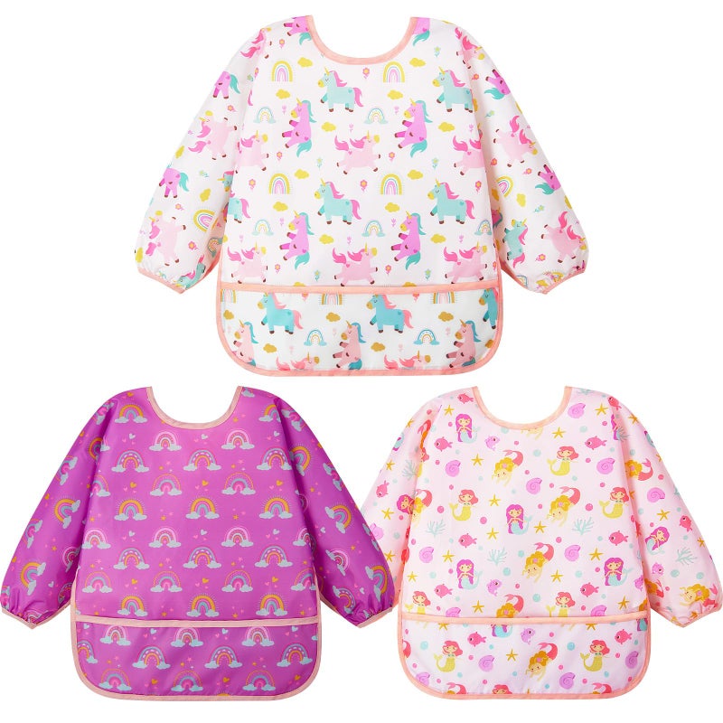 Lictin 3 Pack Baby Bibs for Boy or Girl, Cute Long Sleeve Bib, Waterproof Bibs for Toddlers,Adjustable Closure Baby Smock, Mess Proof Baby Bib, 6-24 Months Reusable Infant Baby Bibs - Image 1
